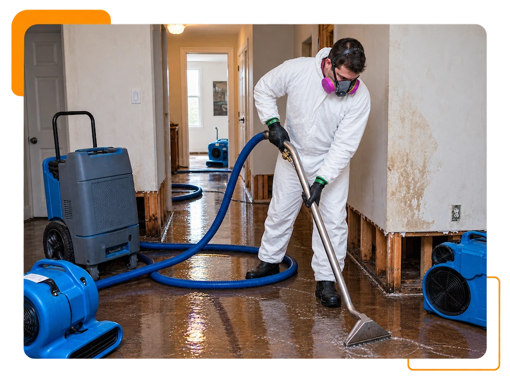 Worker using water vacuum to fix water damage